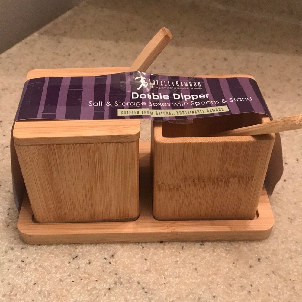 Totally Bamboo Double Dipper Salt & Storage boxes with spoons & Stand- NWT